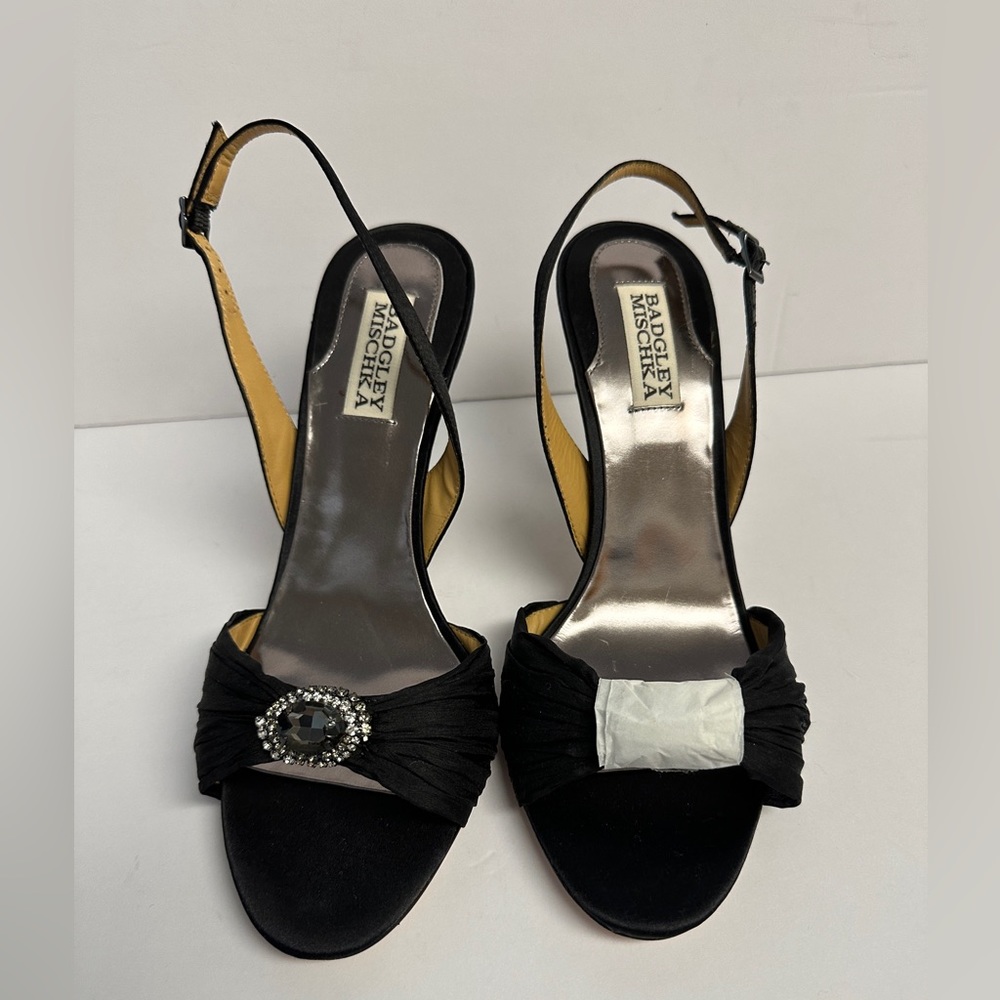 Badgley Mischka Size 8.5 Black Satin Peep Toe Heels Crystal Detail Ankle Strap - Picture 4 of 12